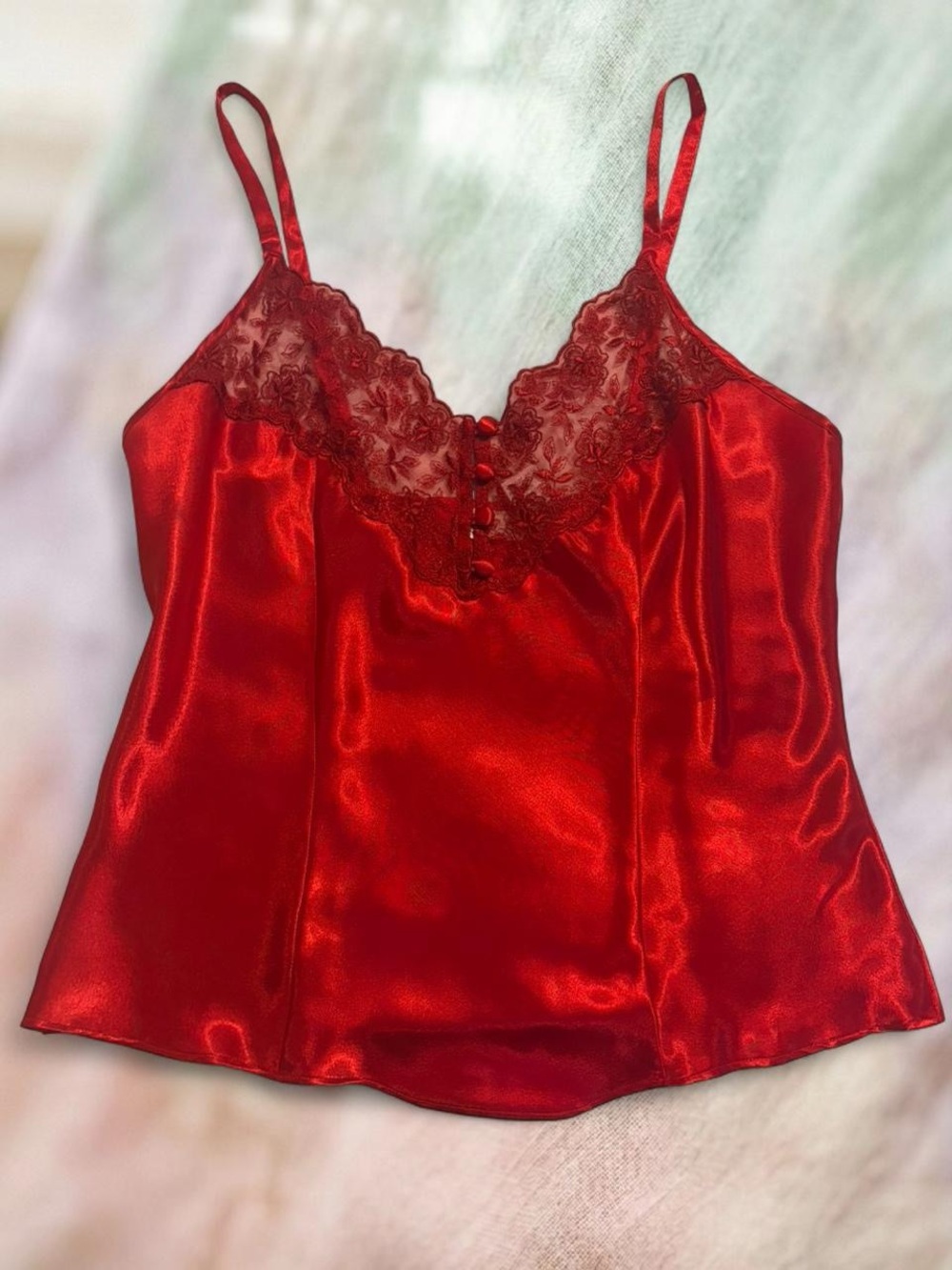 Cacique Red Satin Lace Cami top with buttons and adjustable straps. Size: M
